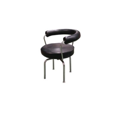 Vintage auxiliary chair, featuring a circular padded seat and a distinctive padded, wraparound semi-circular tubular backrest, upholstered in black leather or imitation leather, supported by a sturdy four-legged metal frame with a chrome finish. Available for hire for events, advertising, films and TV series.