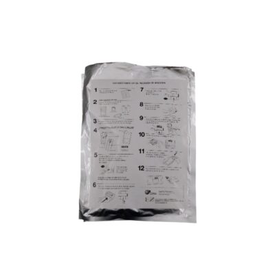 metallic packaging featuring, on the front, a detailed guide with numbered steps for the “SAMPLE COLLECTION KIT INSTRUCTIONS”, accompanied by explanatory illustrations and corporate logos such as that of Copan, which offers hire services for events, advertising, films and TV series