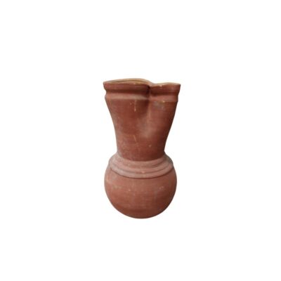 A terracotta ceramic vessel in earthy tones, characterised by a globular lower body and a distinctive upper neck divided into two openings joined together; available for hire for events, advertising, films and TV series