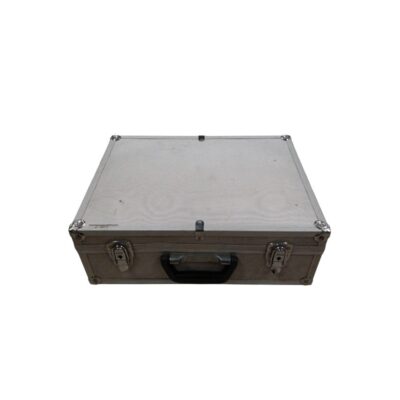 A rigid, rectangular case with a textured silver finish, featuring a reinforced structure with metal corners and an ergonomic black plastic carrying handle; available for hire for events, advertising, films and TV series