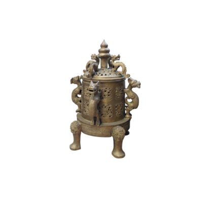 A cylindrical metal censer with a golden patina, featuring intricate relief carvings of mythological creatures or dragons on the sides and lid, and resting on three sturdy, ornate legs; available for hire for events, advertising, films and TV series