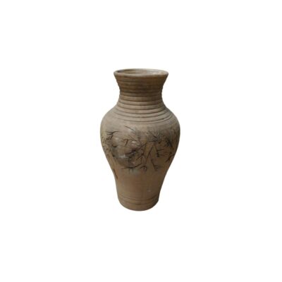 A ceramic vase in earthy tones, characterised by a slender body featuring raised engravings of plant motifs or branches in the centre, and a fluted neck with fine horizontal grooves; available for hire for events, advertising, films and TV series