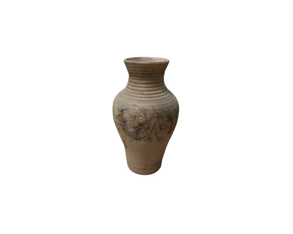 A ceramic vase in earthy tones, characterised by a slender body featuring raised engravings of plant motifs or branches in the centre, and a fluted neck with fine horizontal grooves; available for hire for events, advertising, films and TV series