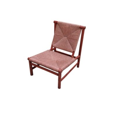 Vintage low side chair, characterised by its low-profile wooden frame and a seat and backrest made from finely hand-woven plant fibre; available for hire for events, advertising, films and TV series