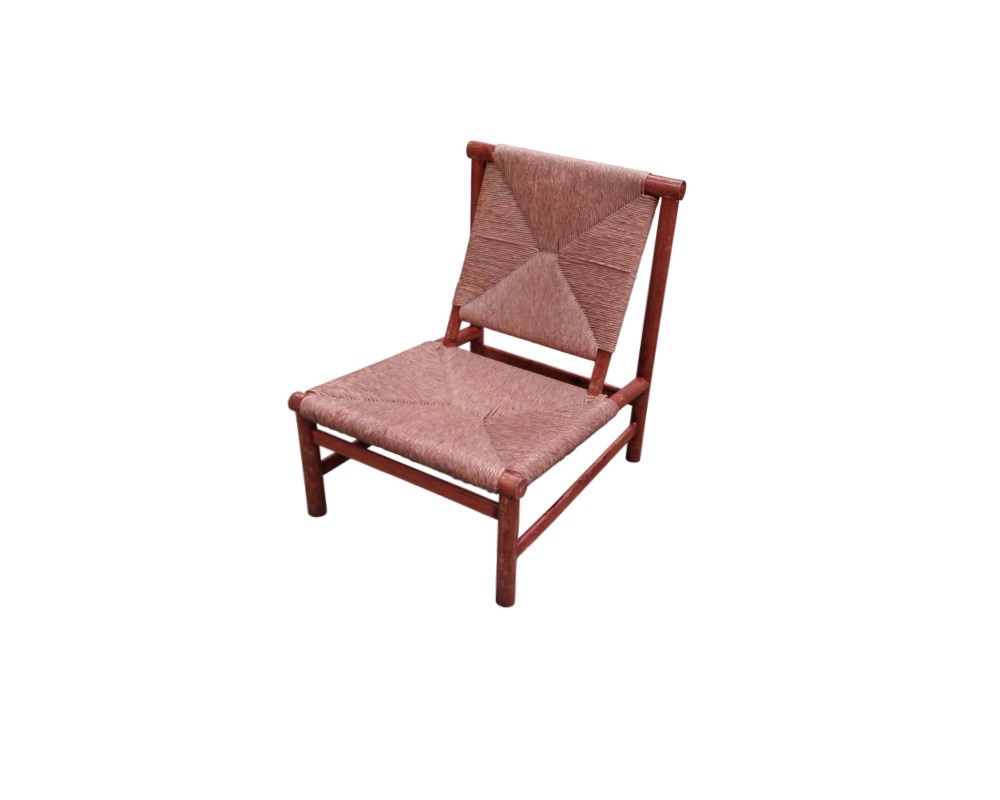 Vintage low side chair, characterised by its low-profile wooden frame and a seat and backrest made from finely hand-woven plant fibre; available for hire for events, advertising, films and TV series