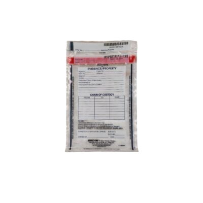 bolsa de seguridad transparente de la marca Sirchie destinada a la recolección y almacenamiento de evidencias o propiedades, caracterizada por incorporar un sistema de cierre sellado con código de barras y una tabla impresa para el registro detallado de la "CHAIN OF CUSTODY" (cadena de custodia) y datos del caso alquiler para eventos, publicidad, peliculas y series