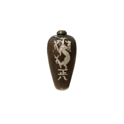 A ceramic vase in dark and brown tones, characterised by a slender body with a narrow neck and white painted decoration depicting a mythical figure or dragon alongside calligraphic characters; available for hire for events, advertising, films and TV series