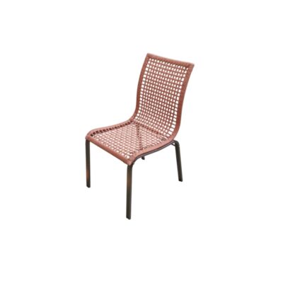Vintage side chair, characterised by a sturdy metal frame and a seat with a wraparound backrest made from finely woven synthetic fibre; available for hire for events, advertising, films and TV series
