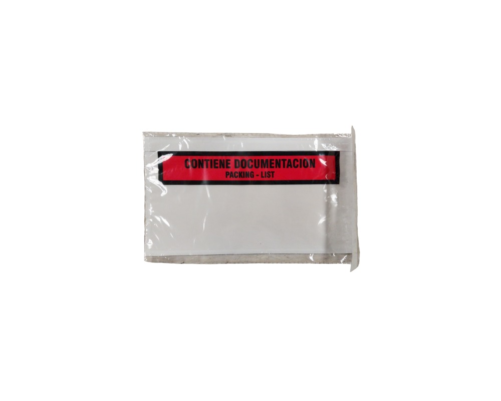 Transparent adhesive plastic document holder, featuring a distinctive red and black stripe with the text ‘CONTAINS DOCUMENTATION / PACKING LIST’ printed on it; available for hire for events, advertising, films and TV series