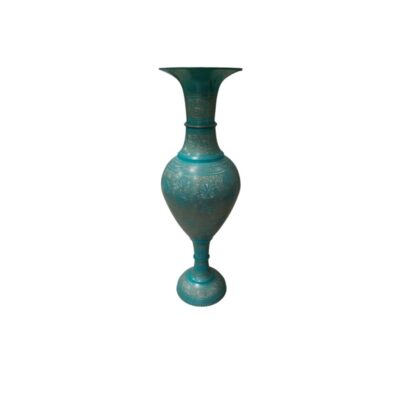 A tall metal vase with a striking turquoise or greenish finish, characterised by a slender silhouette with a central globular body, a flared base and an open mouth, all fully adorned with intricate engravings of floral and geometric patterns; available for hire for events, advertising, films and TV series