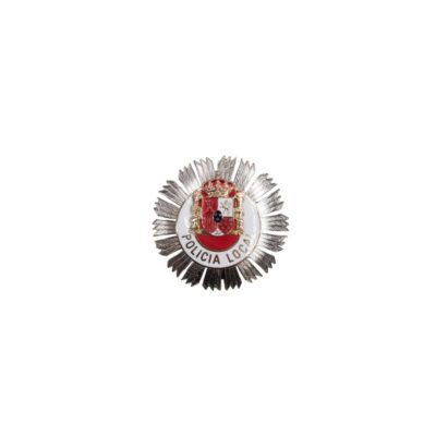 distintivo metálico radiado en tonos plateados y dorados, caracterizado por incorporar un medallón central esmaltado con el escudo de España y una franja blanca circular con la inscripción "POLICIA LOCAL" alquiler para eventos, publicidad, peliculas y series