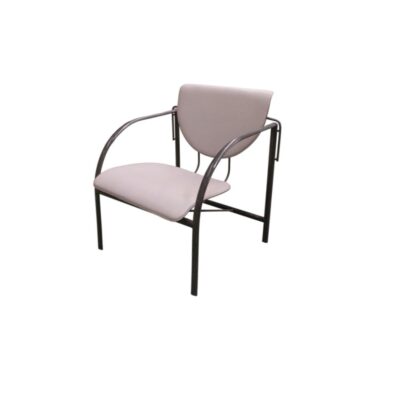 A modern-design accent armchair, characterised by a seat and a distinctive floating semi-circular backrest, upholstered in leather; available for hire for events, advertising, films and TV series