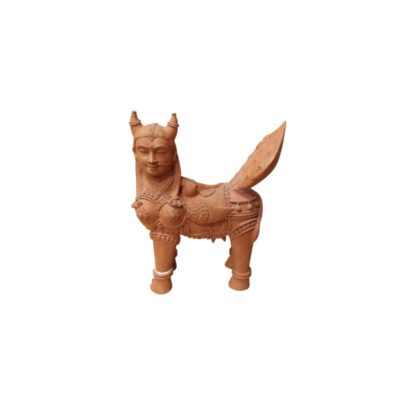 Terracotta figurine depicting a hybrid or mythical creature with the body of a four-legged animal, a tail or fin held aloft, and the detailed face of a human figure adorned with headdresses or ornamental horns; available for hire for events, advertising, films and TV series