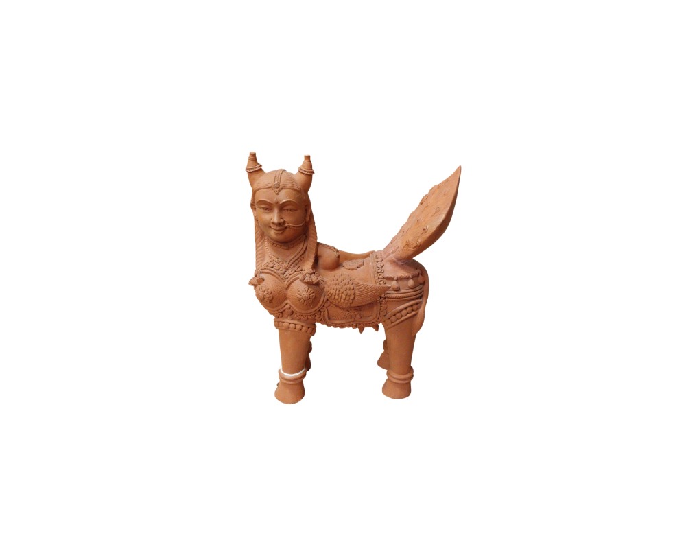 Terracotta figurine depicting a hybrid or mythical creature with the body of a four-legged animal, a tail or fin held aloft, and the detailed face of a human figure adorned with headdresses or ornamental horns; available for hire for events, advertising, films and TV series