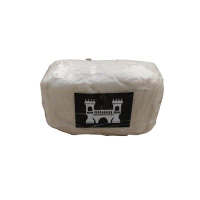 A compact package sealed airtight with multiple layers of plastic or cling film, characterised by a black rectangular label affixed to the front bearing a white logo of a castle or fortified bridge – available for hire for events, advertising, films and TV series