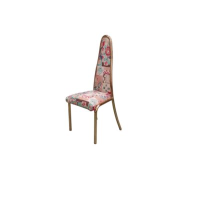 Vintage side chair, characterised by a seat and a distinctive high, tapered backrest, both padded and upholstered in fabric featuring a multicoloured geometric pattern in shades of pink and earth tones, and supported by a slender metal frame with a shiny gold finish. Available for hire for events, advertising, films and TV series.