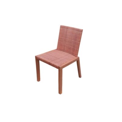 A modern vintage side chair, characterised by a flat seat and backrest entirely covered in a fine, smooth weave of wicker and rattan, and supported by a clean-lined wooden frame with straight lines and a square cross-section. Available for hire for events, advertising, films and TV series.