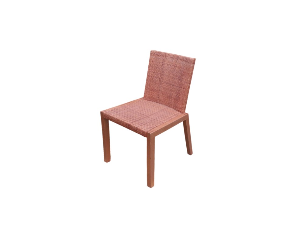 A modern vintage side chair, characterised by a flat seat and backrest entirely covered in a fine, smooth weave of wicker and rattan, and supported by a clean-lined wooden frame with straight lines and a square cross-section. Available for hire for events, advertising, films and TV series.