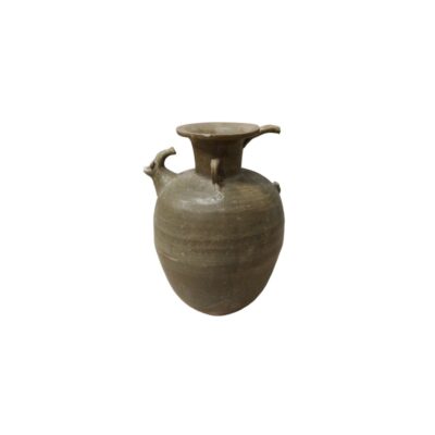 Ceramic jug in shades of grey and earth tones, characterised by a sturdy, globular body, a wide upper rim, a side spout and small decorative handles arranged around the neck; available for hire for events, advertising, films and TV series