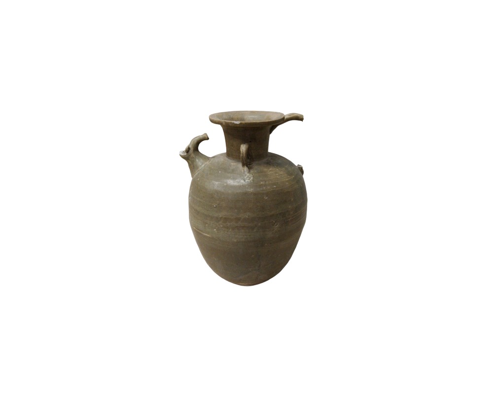 Ceramic jug in shades of grey and earth tones, characterised by a sturdy, globular body, a wide upper rim, a side spout and small decorative handles arranged around the neck; available for hire for events, advertising, films and TV series