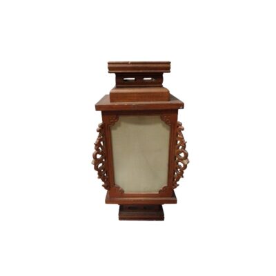 A wooden lantern in shades of brown with a traditional architectural design, characterised by a vertical structure with light-coloured translucent panels on its sides, elaborate side ornaments carved in relief, and stepped bases at both the top and bottom. Available for hire for events, advertising, films and TV series.