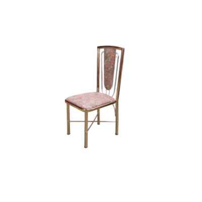 An elegant vintage side chair, characterised by a rectangular, padded seat and backrest upholstered in fabric with a delicate printed pattern in shades of pink and earthy tones, and supported by a slender metal frame with a shiny gold finish and reinforcing crossbars. Available for hire for events, advertising, films and TV series.