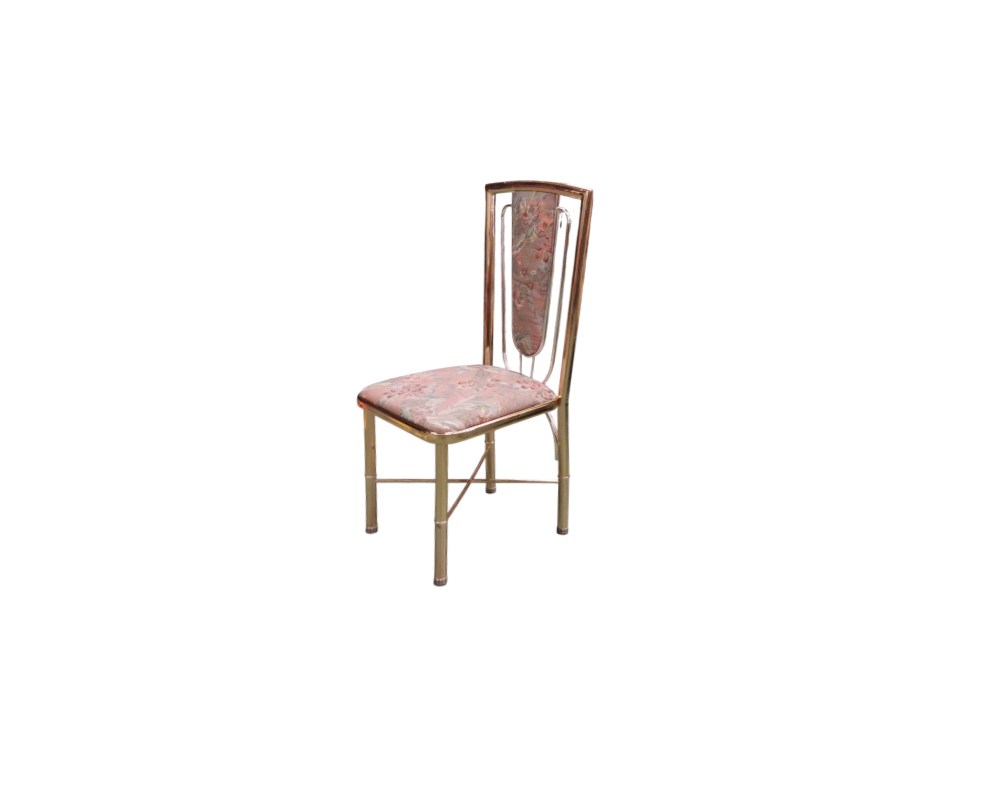 An elegant vintage side chair, characterised by a rectangular, padded seat and backrest upholstered in fabric with a delicate printed pattern in shades of pink and earthy tones, and supported by a slender metal frame with a shiny gold finish and reinforcing crossbars. Available for hire for events, advertising, films and TV series.