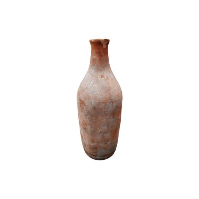 A traditional folk pottery bottle, characterised by a sturdy cylindrical body that tapers towards a tall, slender neck with a simple rim; available for hire for events, advertising, films and TV series