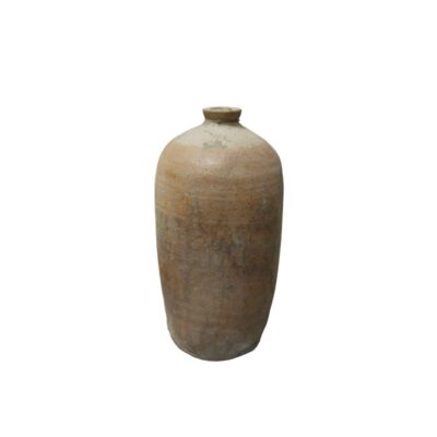 A sturdy, antique-looking ceramic vase, characterised by an elongated cylindrical shape, a narrow neck with a small opening, and a textured surface in earthy tones with signs of wear that reflect its handcrafted nature. Available for hire for events, advertising, films and TV series.