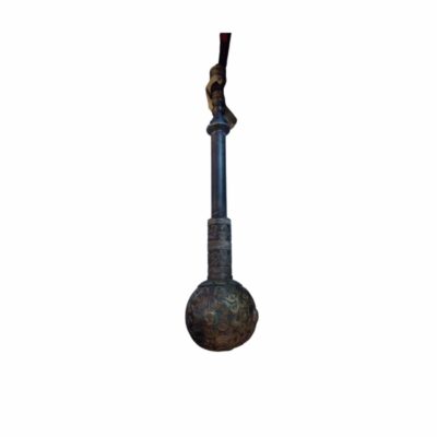 A traditionally designed, elongated metal object, characterised by a spherical lower section and a tubular upper section, both richly engraved with floral and ornamental motifs in relief; available for hire for events, advertising, films and TV series