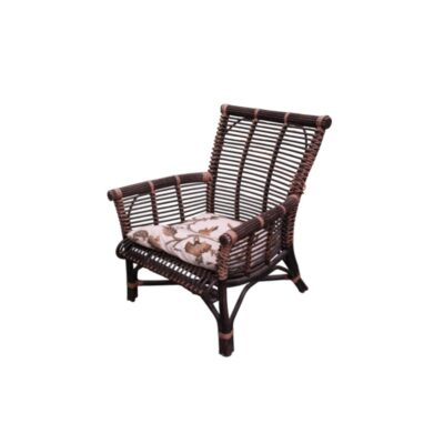 Vintage armchair featuring a dark wooden frame and natural cane, characterised by a wide backrest and sides formed by slender horizontal rods, and a comfortable seat cushion upholstered in fabric with an elegant floral print in shades of brown and beige. Available for hire for events, advertising, films and TV series