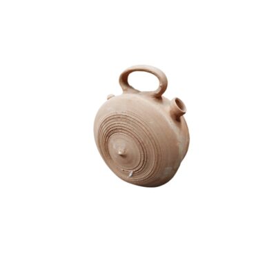 A traditional folk pottery jug with a flattened, circular body and a lens-shaped profile, made from unglazed porous terracotta; available for hire for events, advertising, films and TV series