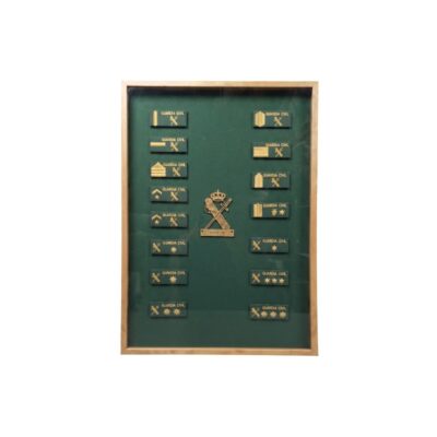 Decorative display case with a wooden frame and green velvet backing, featuring a neatly arranged collection of all the insignia and emblems used by the Civil Guard, alongside the institution’s central emblem; available for hire for events, advertising, films and TV series