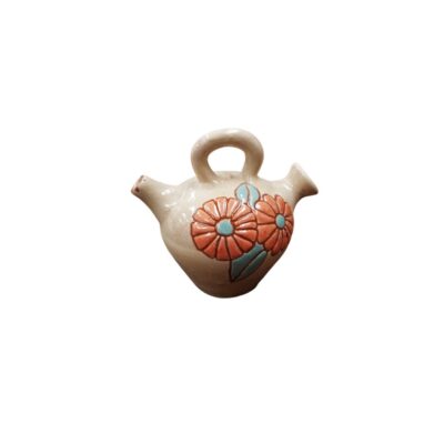 Traditional ceramic jug with a globular body and narrow base, featuring an upper bridge-style handle, a spout and a side opening; suitable for events, advertising, films and TV series