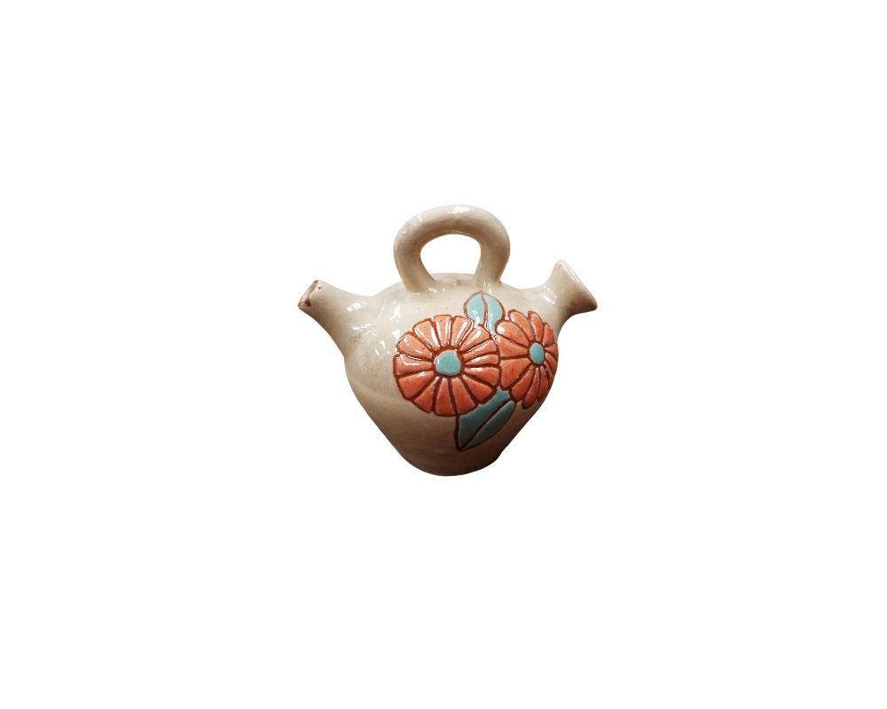 Traditional ceramic jug with a globular body and narrow base, featuring an upper bridge-style handle, a spout and a side opening; suitable for events, advertising, films and TV series