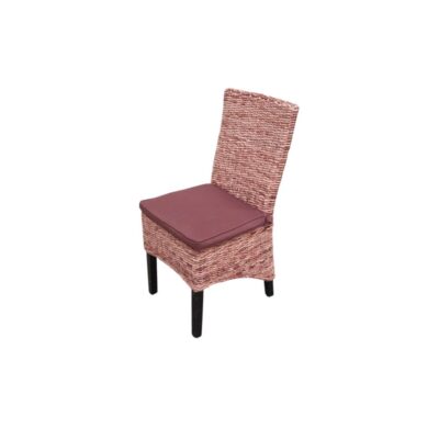 An elegant vintage side chair, characterised by a compact body entirely covered with a fine, tightly woven wickerwork on the seat and backrest, fitted with a comfortable seat cushion in a dark brown shade and supported by four sturdy wooden legs. Available for hire for events, advertising, films and TV series