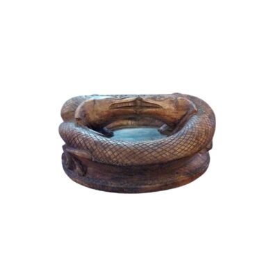 A hand-carved wooden vessel with a handcrafted appearance, characterised by a circular design whose upper rim is formed by two snakes; available for hire for events, advertising, films and TV series