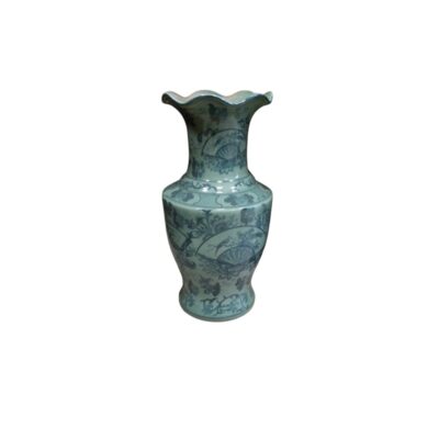A porcelain vase in shades of green or celadon, characterised by a slender body, a distinctive wavy rim and intricate blue decoration featuring fan motifs and floral elements; available for hire for events, advertising, films and TV series