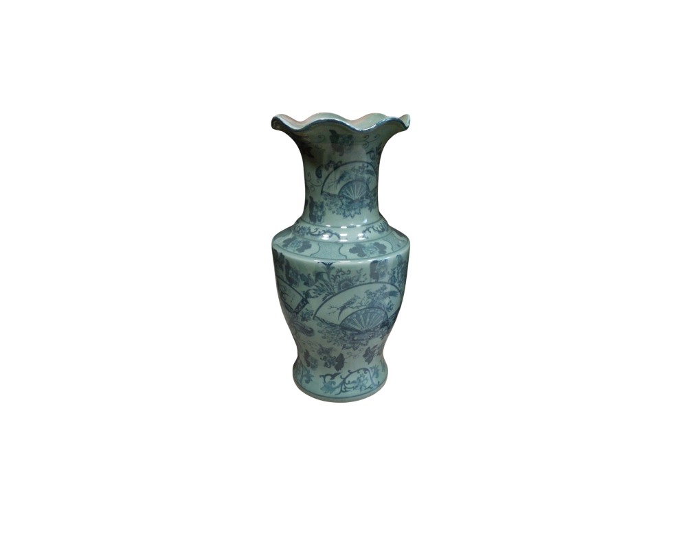 A porcelain vase in shades of green or celadon, characterised by a slender body, a distinctive wavy rim and intricate blue decoration featuring fan motifs and floral elements; available for hire for events, advertising, films and TV series