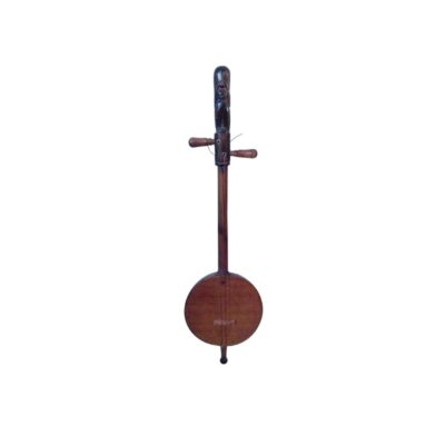 a traditional stringed musical instrument with a rustic wooden design, characterised by a flat, circular soundbox, a straight neck and an upper pegbox with carved details; available for hire for events, advertising, films and TV series