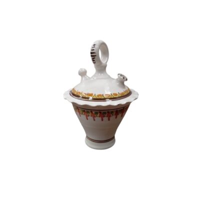 Traditional folk pottery jug with an inverted truncated cone-shaped body, resting on a pedestal base and topped with a lobed rim; available for hire for events, advertising, films and TV series