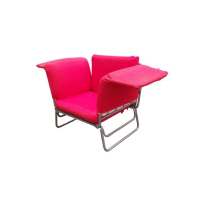 A unique, modular and functional single armchair, characterised by a foldable tubular metal frame and padded cushions upholstered in deep red fabric, with fold-down side and back panels; available for hire for events, advertising, films and TV series