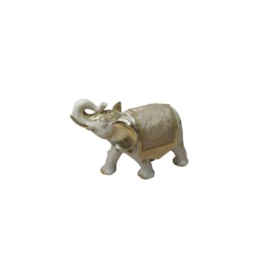 estatuilla decorativa de un elefante en tonos blancos y marfil, caracterizada por una postura alegre con la trompa levantada, finos detalles dorados en los colmillos, la cabeza y las patas, y un manto o gualdrapa dorsal de acabado nacarado con bordes dorados alquiler para eventos, publicidad, peliculas y series