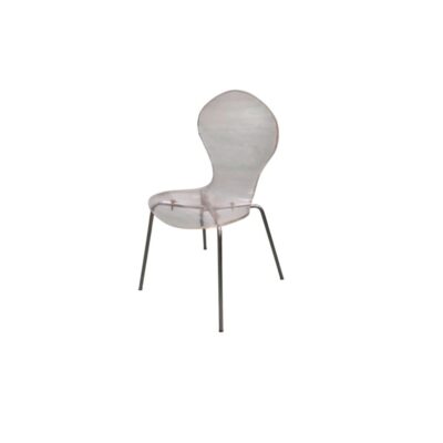 A contemporary-style side chair, characterised by a seat and a wraparound backrest with organic shapes, made from clear methacrylate and supported by a slender metal frame with a chrome finish; available for hire for events, advertising, films and TV series