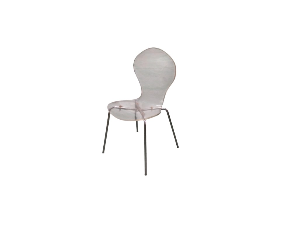 A contemporary-style side chair, characterised by a seat and a wraparound backrest with organic shapes, made from clear methacrylate and supported by a slender metal frame with a chrome finish; available for hire for events, advertising, films and TV series