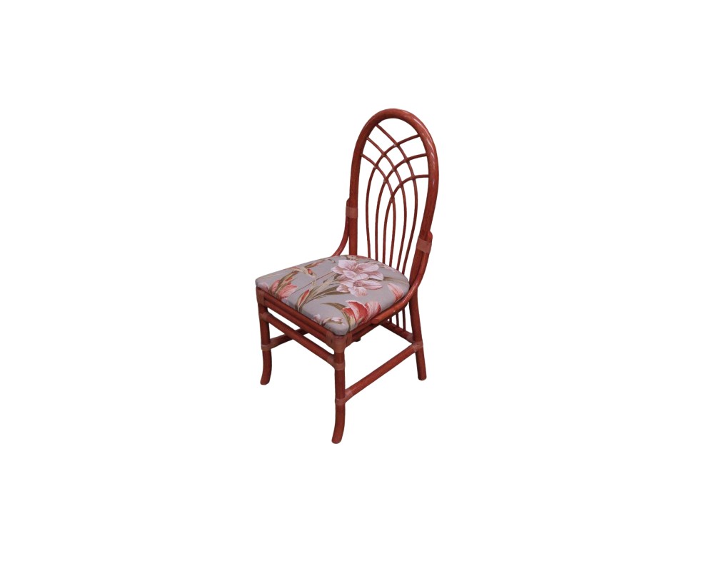 Vintage side chair with a bamboo frame and wicker-reinforced joints, characterised by a distinctive oval backrest with vertical rods arranged in a fan shape and a comfortable, padded seat cushion upholstered in fabric with a classic floral print. Available for hire for events, advertising, films and TV series