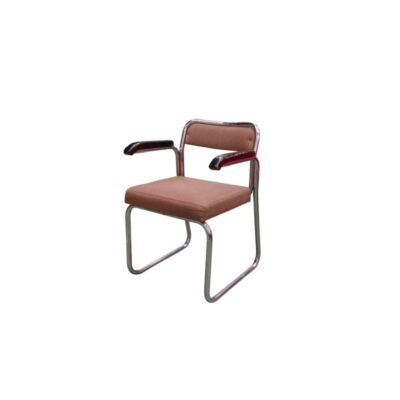 a modern-style side chair, characterised by a continuous cantilevered tubular metal frame with a chrome finish, a padded rectangular seat and backrest upholstered in light brown fabric, complemented by upper armrests in dark wood; available for hire for events, advertising, films and TV series