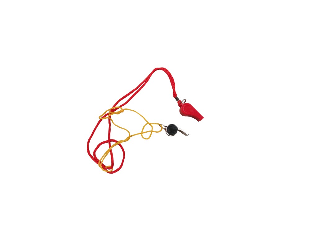 conjunto de dos silbatos con sus respectivas cuerdas o cintas de sujeción (una de color rojo y otra en tonos amarillos), incluyendo un modelo de plástico rojo y uno metálico clásico alquiler para eventos, publicidad, peliculas y series