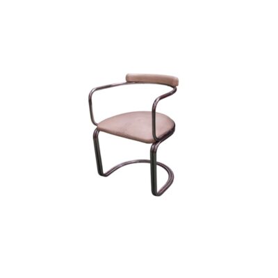 A modern-design auxiliary seat, characterised by a continuous cantilevered tubular metal frame with a chrome finish, a flat padded seat and a distinctive cylindrical upper backrest, all upholstered in white or light ivory leather. Available for hire for events, advertising, films and TV series.