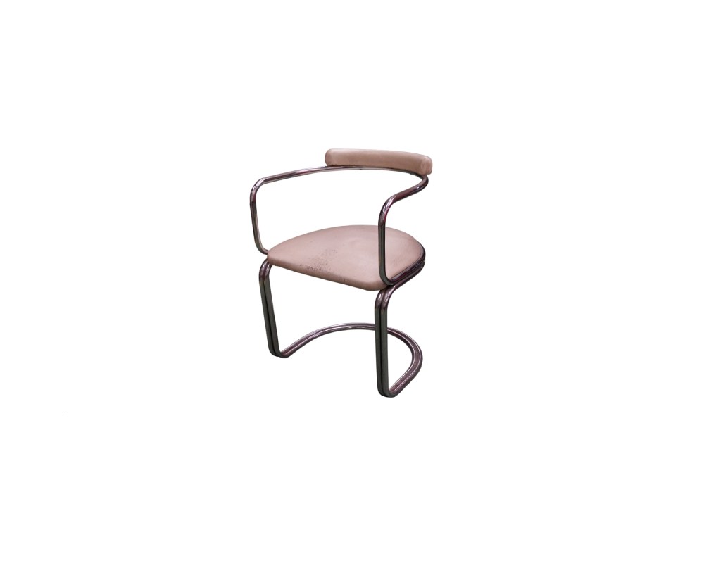 A modern-design auxiliary seat, characterised by a continuous cantilevered tubular metal frame with a chrome finish, a flat padded seat and a distinctive cylindrical upper backrest, all upholstered in white or light ivory leather. Available for hire for events, advertising, films and TV series.